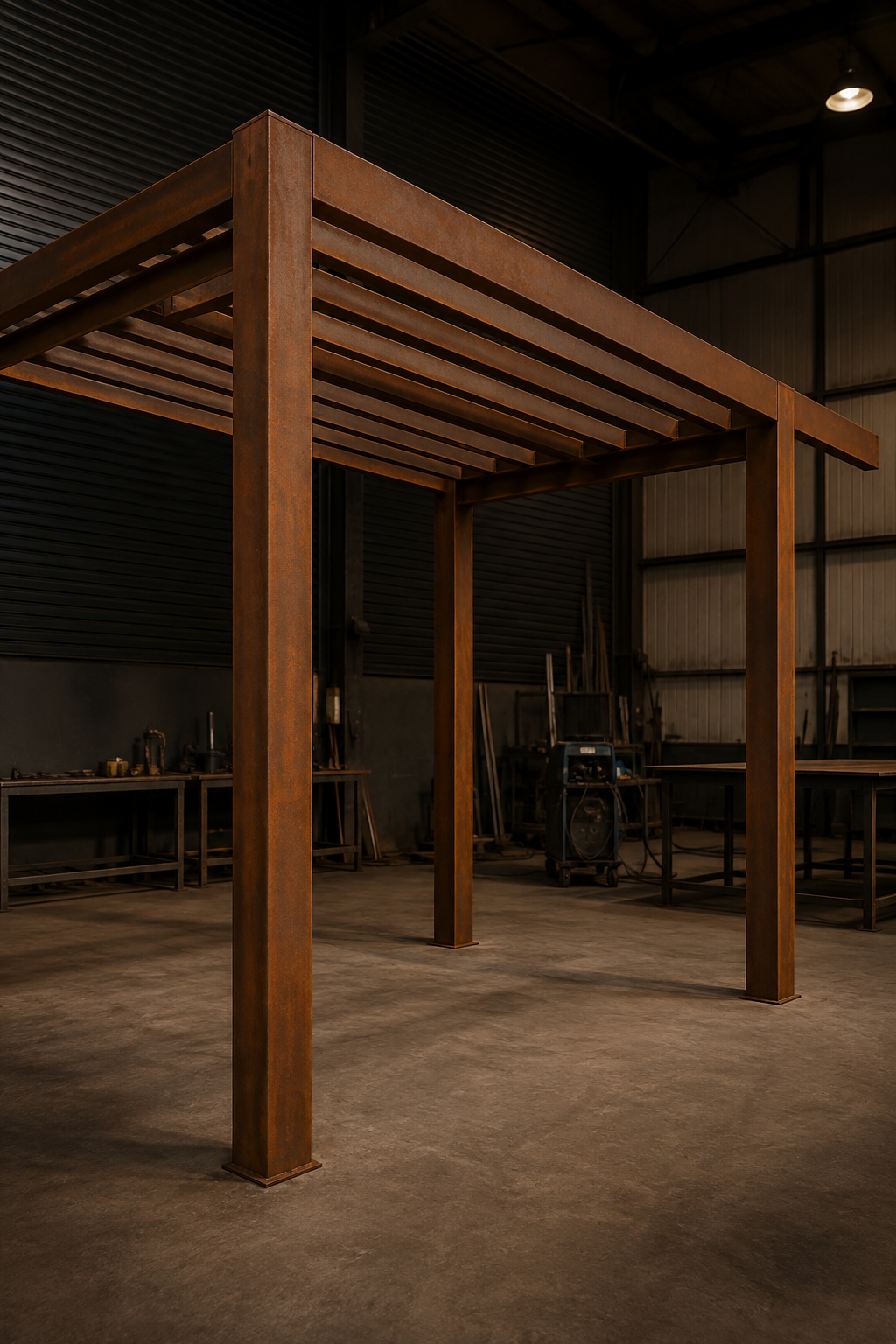 Estrutura esbelta de serralheria fabricada com perfis e colunas de Aço Corten SAC 350